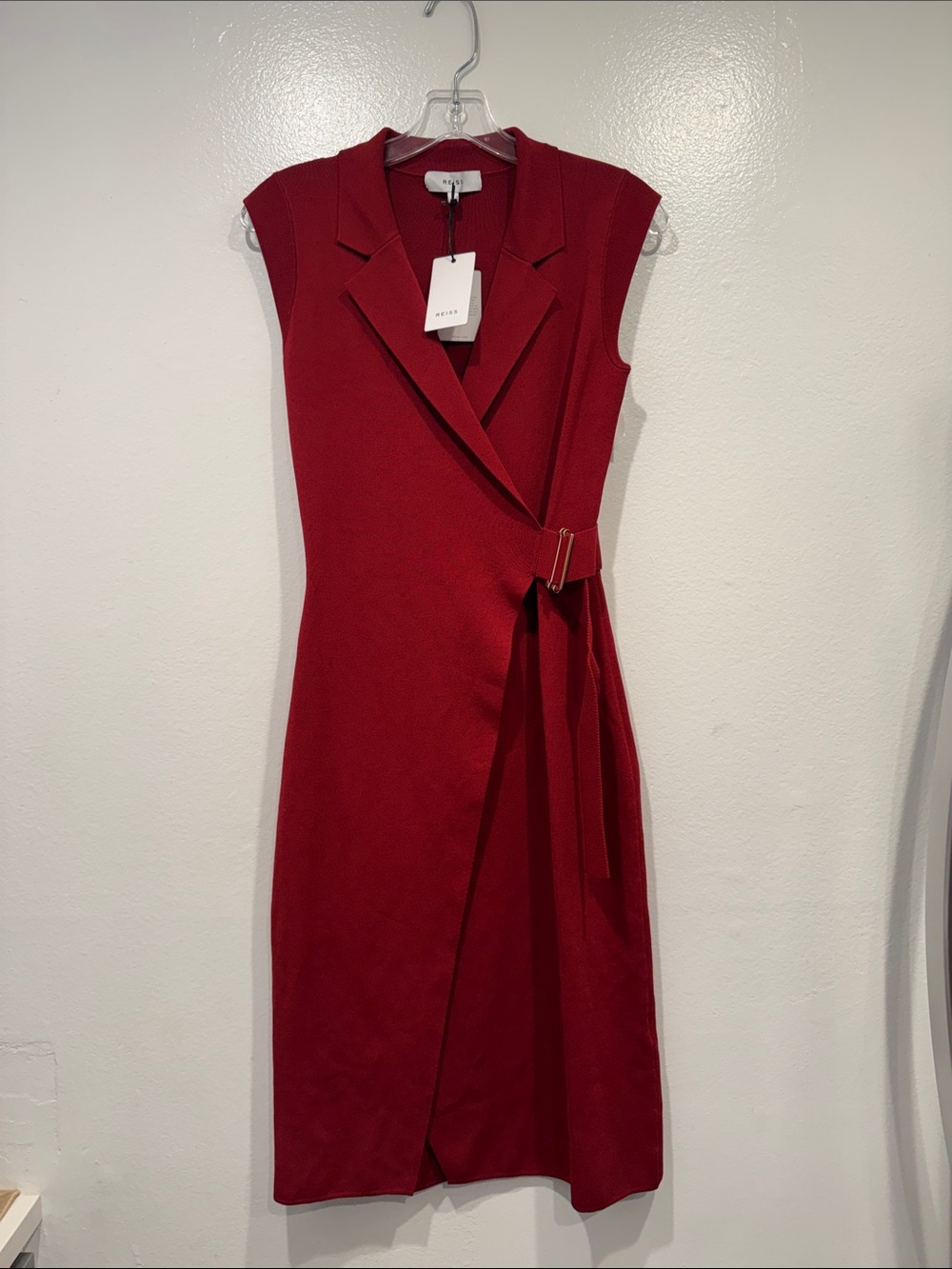 Reiss Gabrielle Red Bodycon Dress Faux Wrap Small Classic Holiday Glam Chic
